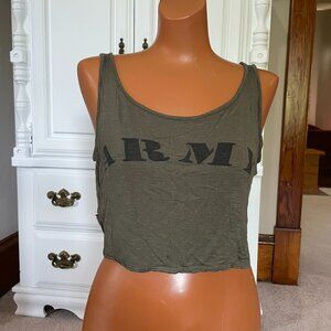 Wet Seal Crop Top – Olive Green “ARMY” Print (Estimated Women’s XS)